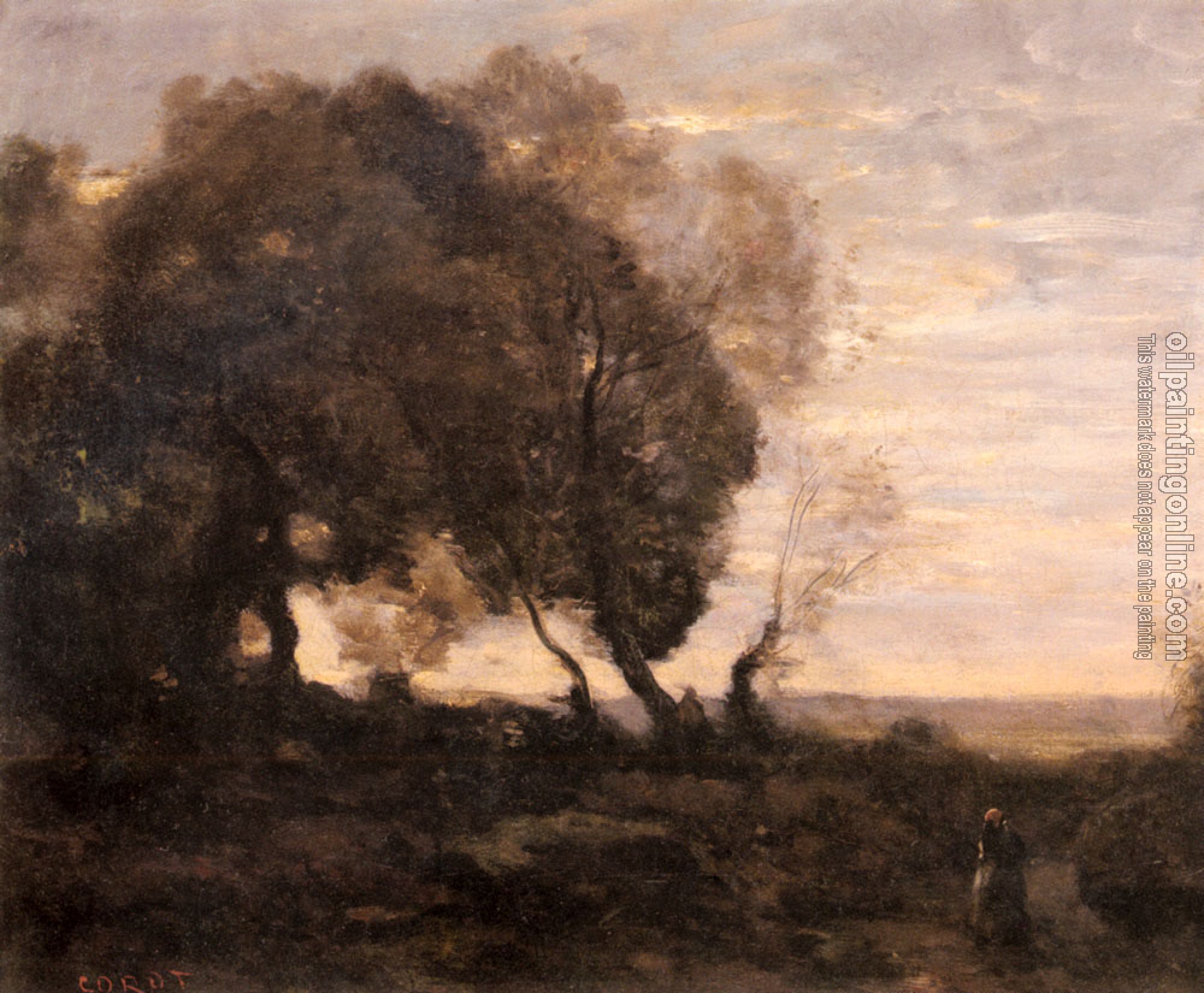 Corot, Jean-Baptiste-Camille - Arbres Tordus Sur Une Crete (Soleil Couchant)